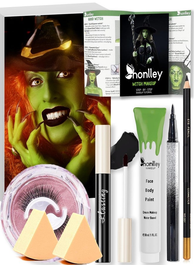 HONLLEY Halloween Wicked Witch Makeup Complete Kit Costume Women - Elphaba Green Water-Based Face Paint, Black Pencil, Black Lipstick, Eyelashes & Guide | Frankenstein Character Set for SFX Cosplay Parties - Image 1